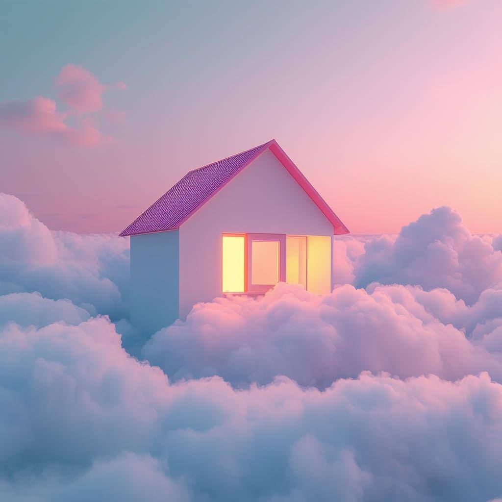 A minimalist, glowing house floating above soft, dreamy clouds under a serene gradient sky with Airbnb brandinspired colors, transitioning from coral-1